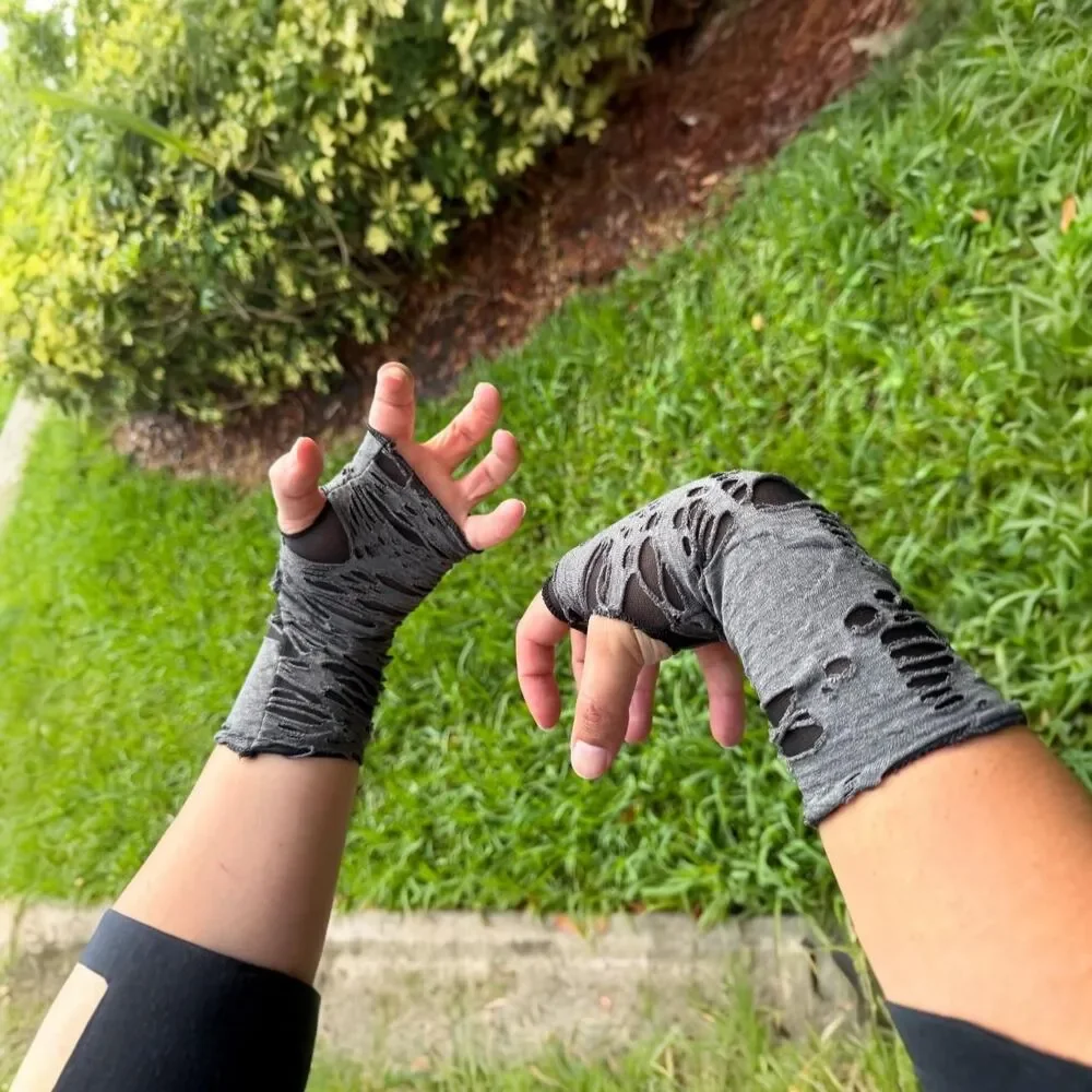 Distressed Grey Fingerless Arm Warmers | Grunge & Alternative Style